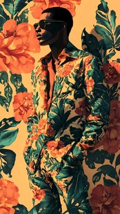 时尚男士身着花卉图案套装