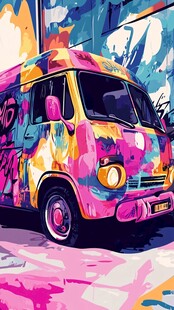 绚丽涂鸦风彩色复古面包车