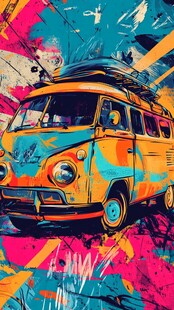 复古多彩大众露营车插画