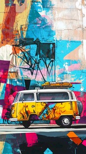 街头艺术风的复古多彩面包车