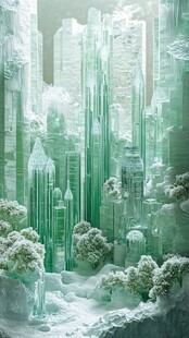 冰雪覆盖的奇幻绿色都市景观