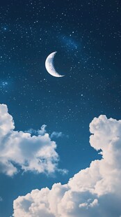夜空新月与云朵的梦幻图景