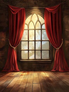 复古红帘窗下的静谧空间