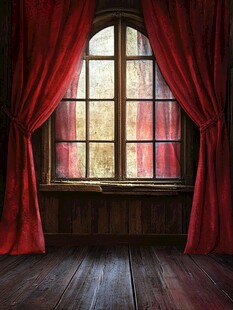 复古红帘环绕的木质窗户