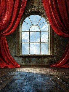 复古红帘窗边的空旷空间