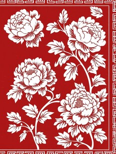 中式红底白牡丹花纹图案