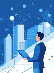 商务人士于科技城市前办公