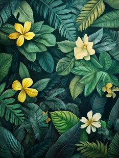 热带花卉与繁茂绿叶图景