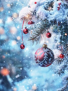 圣诞装饰 雪覆松枝挂彩球