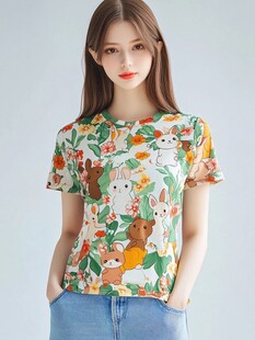 可爱动物印花短袖T恤