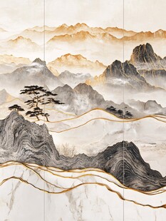 水墨金纹山水壁画意境图