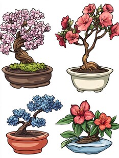 四盆精美盆栽花卉插画