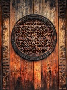中式古木门上的精美圆窗