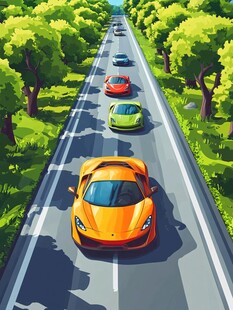 公路上的多彩跑车队列