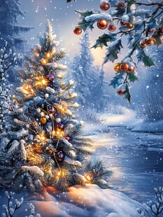 冬日雪景中的璀璨圣诞树
