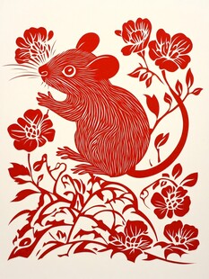 鼠年剪纸 灵动小鼠伴繁花