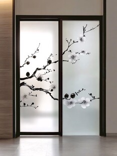 中式梅花图案玻璃推拉门