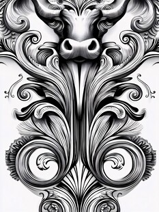 牛头装饰艺术黑白插画