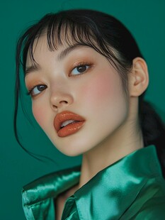 绿衣少女的精致美妆特写