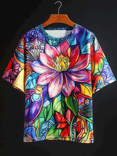 多彩花卉印花短袖T恤