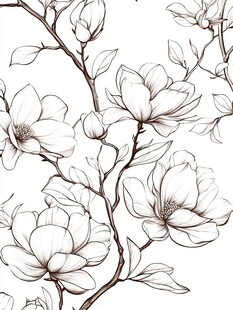 玉兰花枝手绘线稿图案