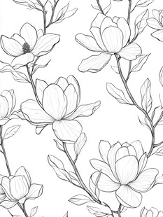 玉兰花黑白线条无缝图案
