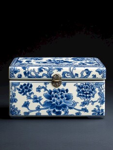 青花瓷花卉纹精致首饰盒