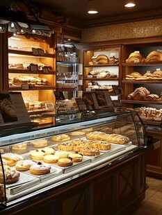 温馨面包店的丰富糕点陈列