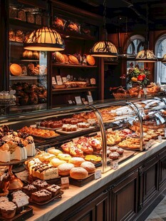 精致面包店的丰富糕点陈列