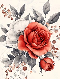 红白玫瑰花卉水彩插画