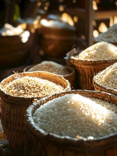 传统竹筐盛装的多样谷物