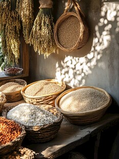 乡村谷物晾晒的质朴场景