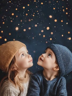 孩童仰望闪烁星光的美好