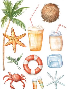 夏日海滨元素水彩插画