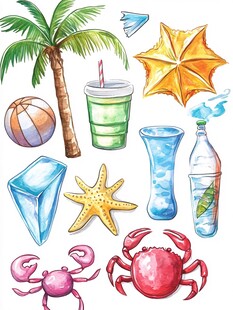 夏日海滩元素水彩插画