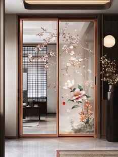 中式花鸟艺术玻璃隔断门
