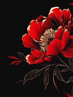 艳丽红牡丹绽放于黑幕