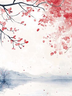 水墨樱花湖畔诗意景致