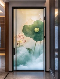 中式荷花艺术玻璃门