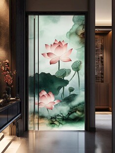 中式水墨荷花玻璃隔断画