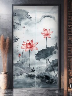 中式水墨荷花屏风画