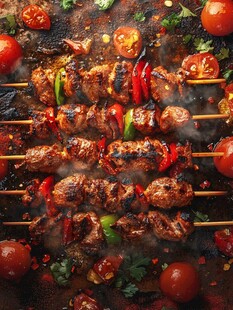 烤肉串搭配多彩蔬菜烧烤中