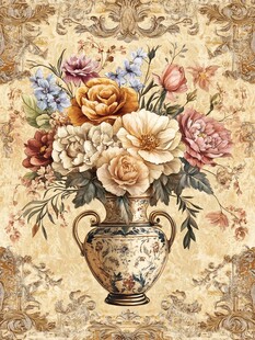 复古花瓶插满缤纷花卉