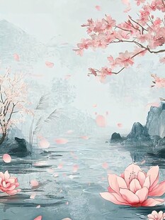 水墨樱花山水诗意美景