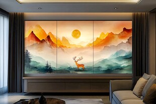 客厅中式山水麋鹿装饰画