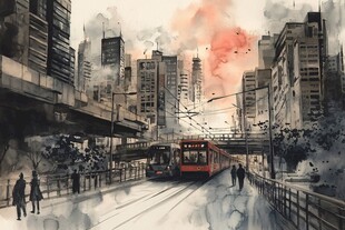 水墨风城市轻轨浪漫景象