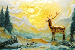 金色麋鹿立于山水间