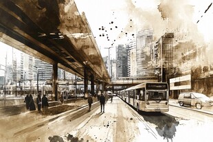 水墨风城市交通街景