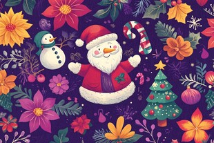 圣诞欢乐插画 圣诞老人与花卉