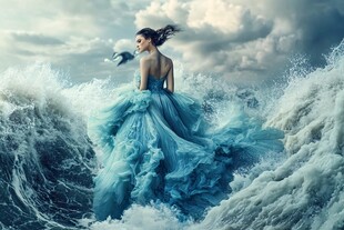 蓝裙女子于波涛中展风姿